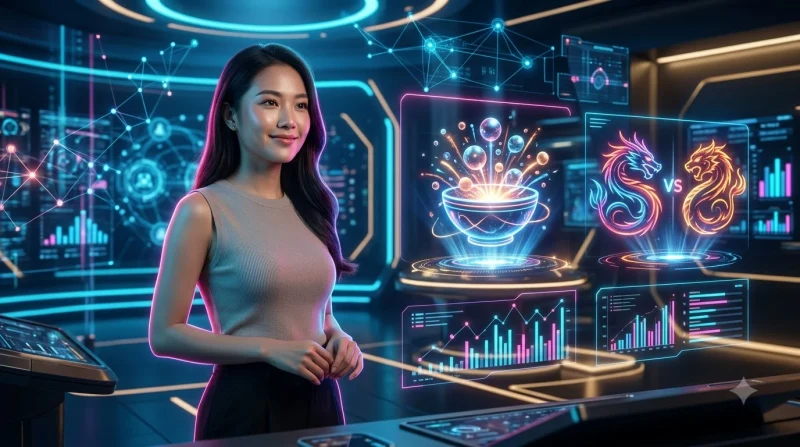 Ảnh minh họa so sánh hai trò chơi trên giao diện kỹ thuật số cao cấp, ánh sáng neon xanh và hồng