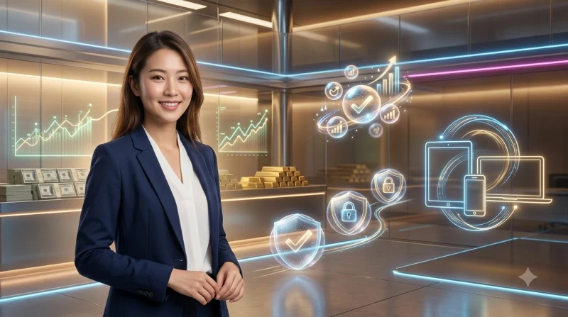 Ba thiết bị được kết nối bằng các luồng dữ liệu phát sáng trên nền tối sang trọng.