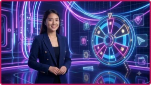 Bàn roulette ALO789 với bánh xe quay sang trọng và ánh sáng neon xanh vàng, phong cách casino cao cấp