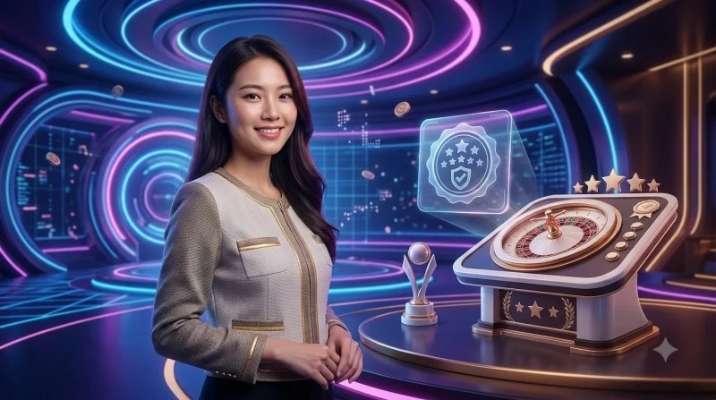 Bàn roulette ALO789 với biểu tượng khiên bảo mật vàng và các yếu tố hologram kiểm định