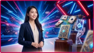 Bộ bài poker trên bàn chơi tối màu với ánh sáng neon xanh và vàng, minh họa khái niệm tay bài poker trực tuyến