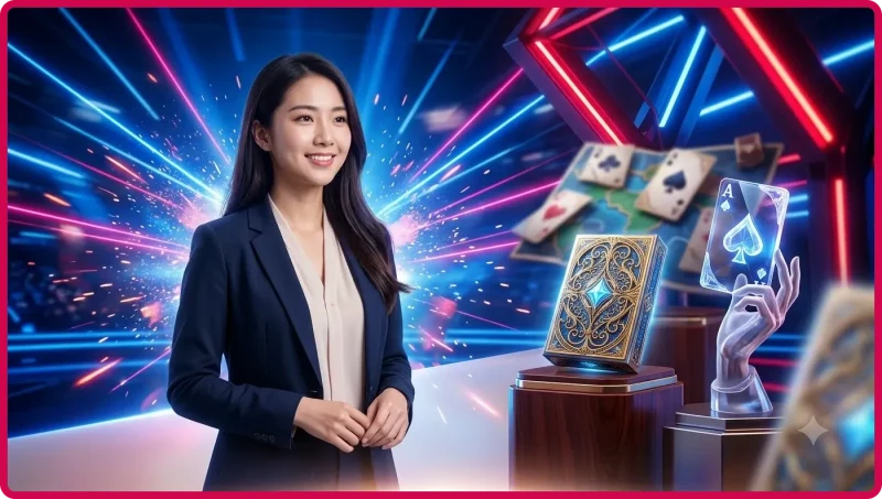 Bộ bài poker trên bàn chơi tối màu với ánh sáng neon xanh và vàng, minh họa khái niệm tay bài poker trực tuyến