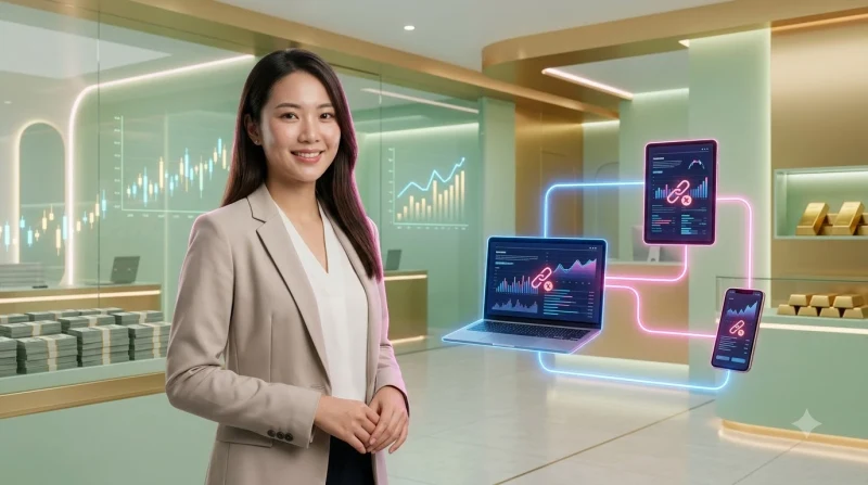 Các thiết bị trên bàn tối kèm biểu tượng cảnh báo và dấu kiểm phát sáng.