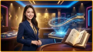 Femeie profesională verificând un panou digital abstract cu lịch sử tài cont ALO789, fără text vizibil