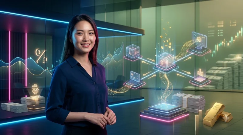 Hai thiết bị kết nối với luồng sáng xanh dương và các hạt vàng biểu thị lợi ích.