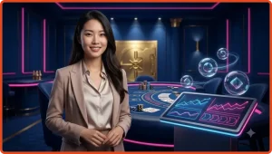 Hình ảnh minh họa người chơi quan sát bảng điều khiển mức cược slot trực tuyến với ánh sáng xanh vàng sang trọng
