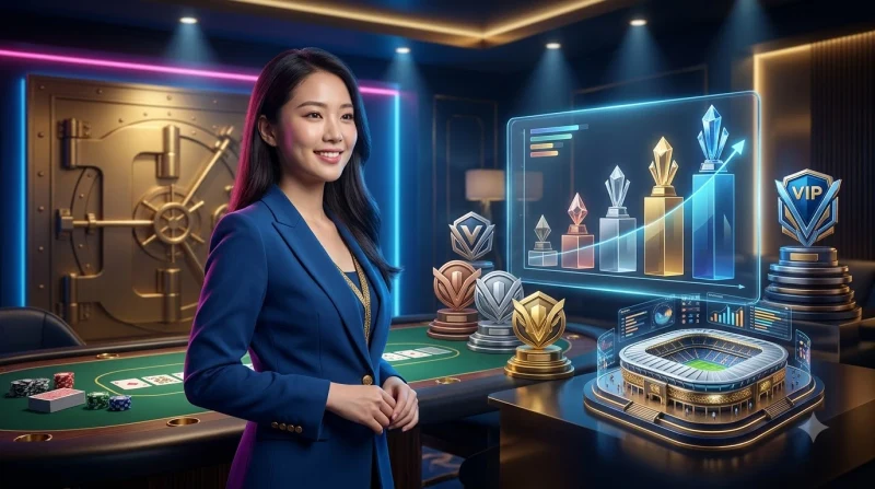 Hình ảnh minh họa người chơi quan sát bảng điều khiển mức cược slot trực tuyến với ánh sáng xanh vàng sang trọng