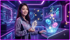 Minh họa cách thức hoạt động của hệ thống trả thưởng slot ALO789 với các cuộn slot phát sáng và đồng xu vàng
