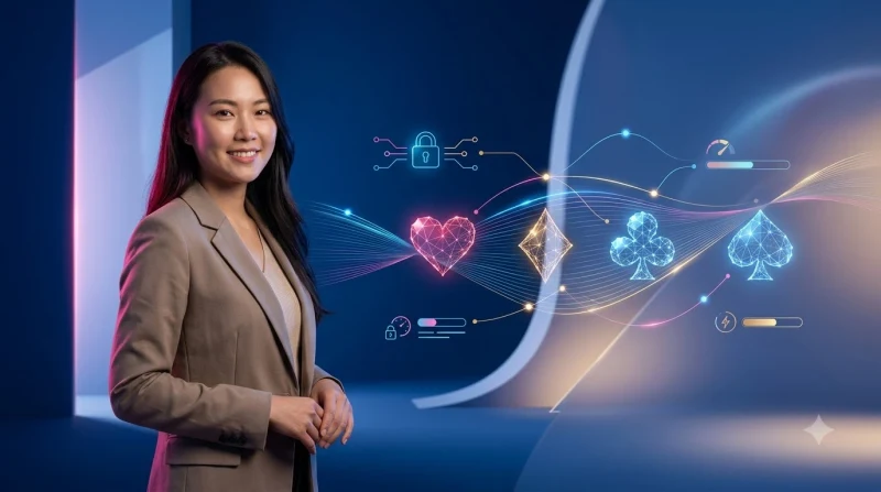 Minh họa cận cảnh bộ bài phỏm đang được xòe ra trên bàn đen
