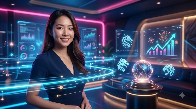 Minh họa nền tảng giải trí cao cấp với nội thất sang trọng, ánh sáng neon và vàng ấm