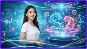 Minh họa nền tảng giải trí cao cấp với nội thất sang trọng, ánh sáng neon và vàng ấm