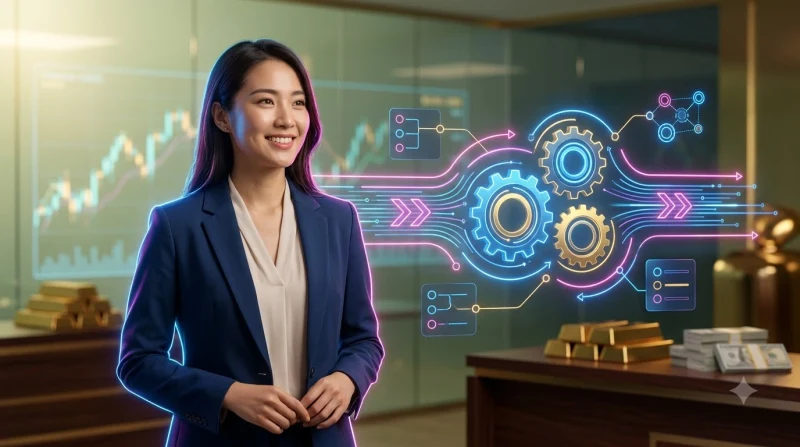 Minh họa quy trình đồng bộ thiết bị qua các nút sáng hologram kết nối liền mạch.