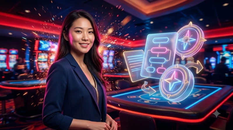 Người chơi mới đang do dự trước bàn baccarat với các lá bài úp và chip cược, thể hiện sự bối rối khi chưa hiểu luật