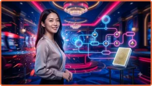 Người chơi mới đang do dự trước bàn baccarat với các lá bài úp và chip cược, thể hiện sự bối rối khi chưa hiểu luật