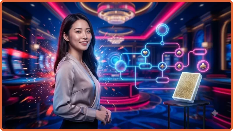 Người chơi mới đang do dự trước bàn baccarat với các lá bài úp và chip cược, thể hiện sự bối rối khi chưa hiểu luật