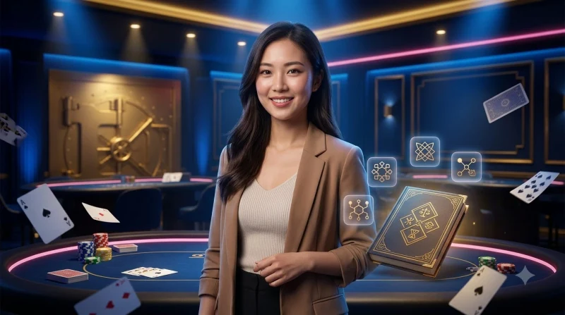Người chơi tự tin đứng trước bàn blackjack với chip vàng và bài sáng rực