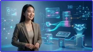 Người chơi xem hướng dẫn luật tiến lên ALO789 trên màn hình hologram