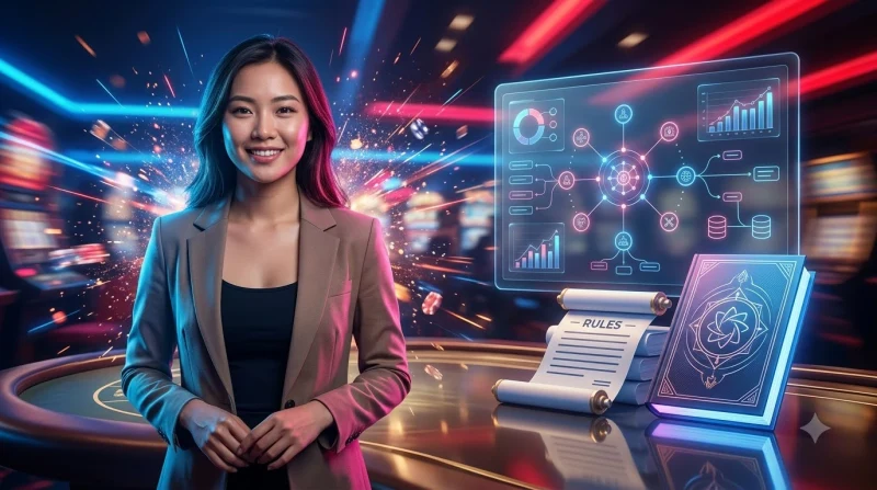 Sơ đồ bàn baccarat với các khu vực Player, Banker và Tie cùng chip cược, minh họa cách chơi từng bước