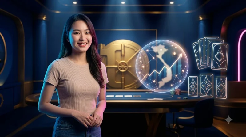 Thiết bị di động và laptop hiển thị giao diện blackjack online với chip vàng và bài ảo