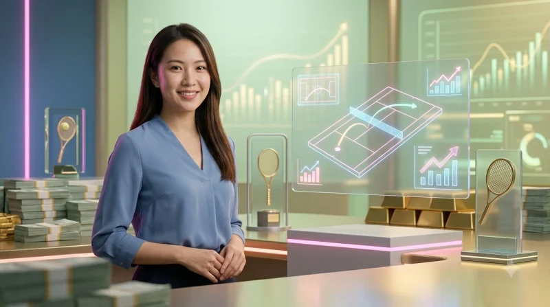 Thiết bị di động và máy tính với biểu tượng bảo mật và biểu đồ tăng trưởng cạnh sân tennis